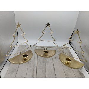 Set 3 Christmas Tree Candlestick Holder Wall Table Decor Metal Gold Brass 8 1/2"